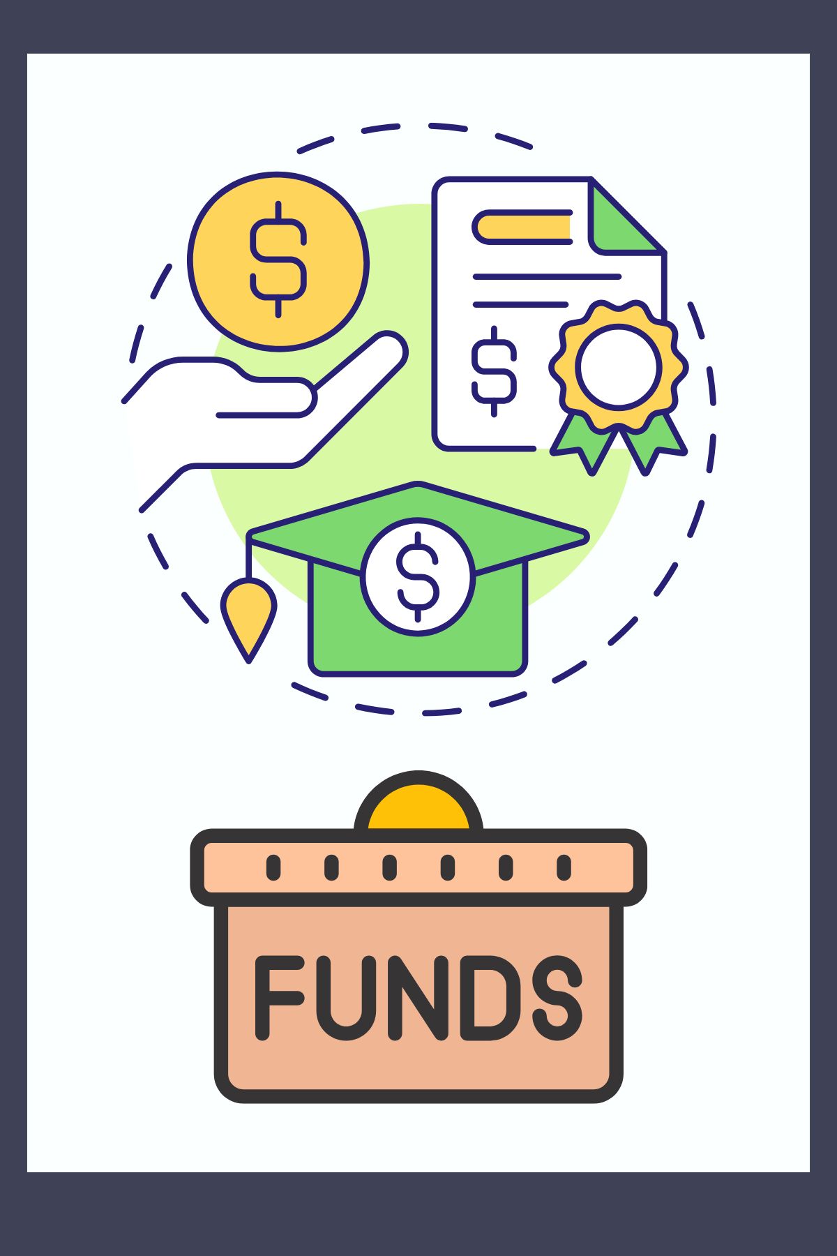 graphic of cap with dollar sign, and money basket. 