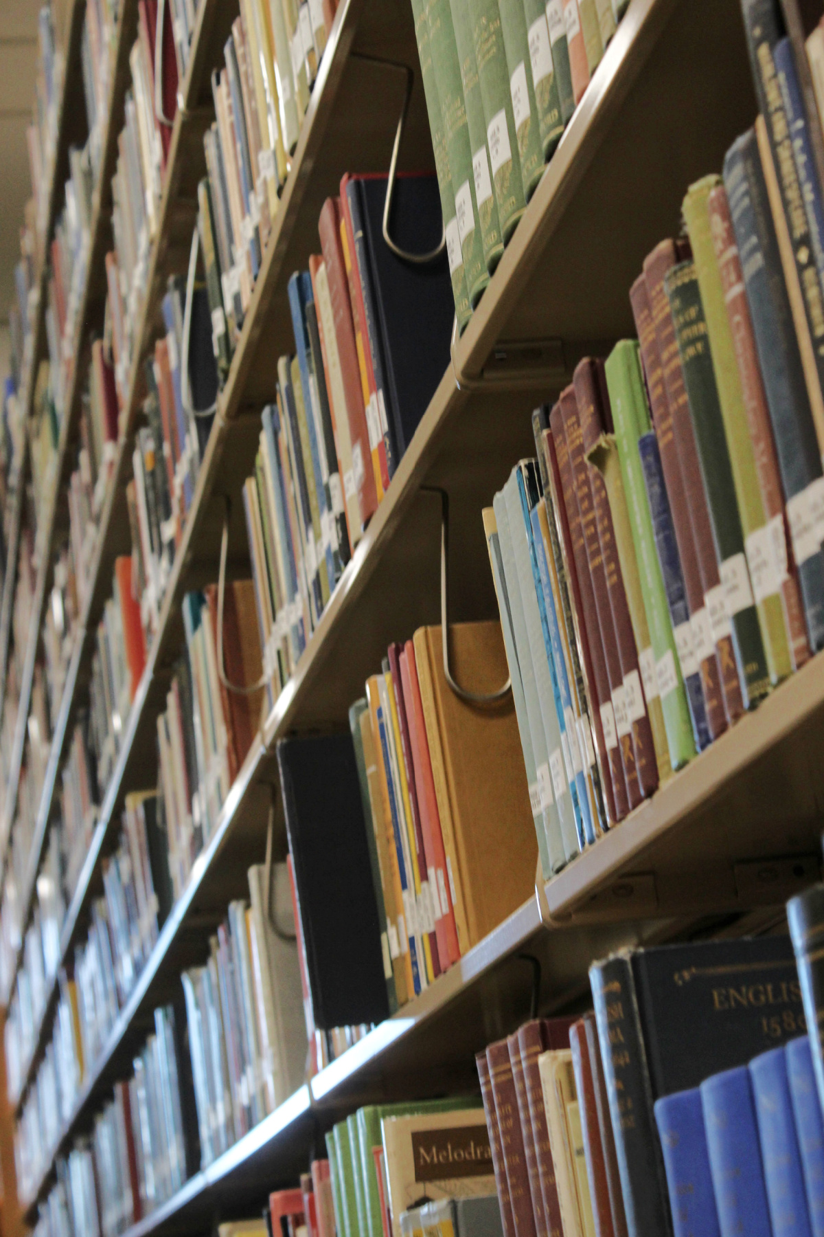 shelves of books in a library. 