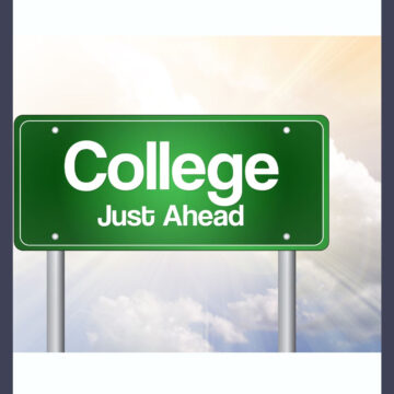 college ahead sign with clouds.